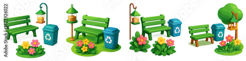 Vector style green park with benches, flowers, and bins