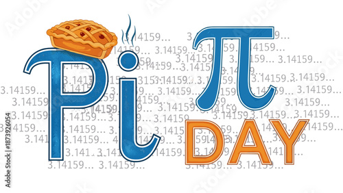 Pi Day celebration with pie and mathematical symbols in colorful design  