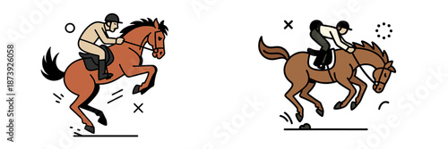 Equestrian riders performing jumps on horses in dynamic poses