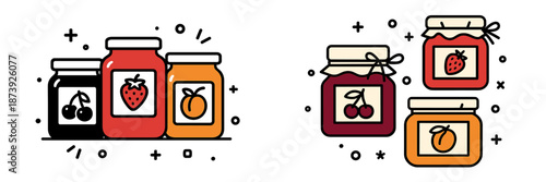 Colorful jars of fruit jam with vibrant labels and playful design