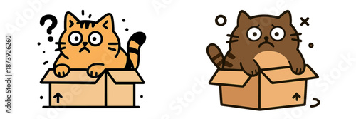 Two curious cats exploring cardboard boxes in a playful setting