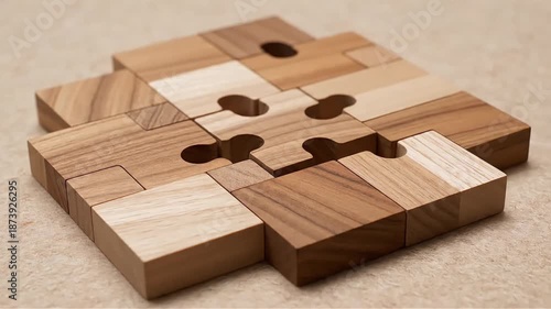 Wooden puzzle pieces interlocking forming a square shape on textured background concept