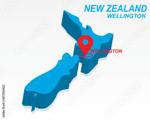 New Zealand Map Vector, Wellington Capital City Marker on Blue 3D Island Shape, New Zealand Infographic Design, Editable Destination Pointer New Zealand Geography