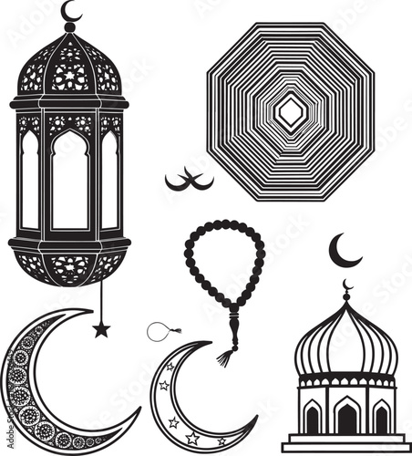 A collection of Islamic symbols and decorations in black and white silhouette vector