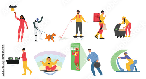 Diverse people cartoon futuristic smart city citizens characters using innovative technologies set