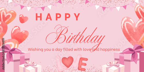 Happy Birthday greeting text clipart template design. Birthday gift shape clip art with cup cake, balloons, party hat and gift box yellow decoration elements for invitation card banner vector 