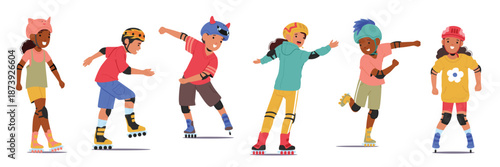 Cute happy kids cartoon characters wearing protective gear and helmets riding roller skates set
