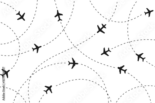 Airplane Silhouettes with Dynamic Flight Paths on White Background