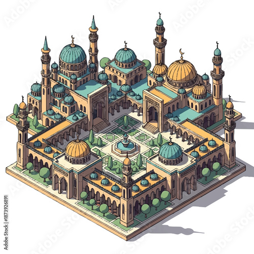 Isometric illustration of a detailed mosque with turquoise domes and minarets, surrounded by greenery on a white background, in a cartoon style.