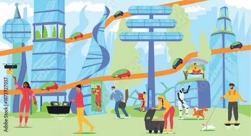 Futuristic smart city featuring diverse citizens and innovative technologies cartoon background