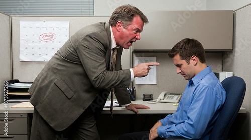 Boss threatening with finger his employee in office. Angry mean boss yelling at employee for missing deadline 