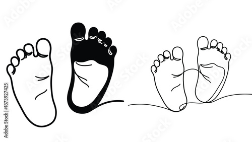 Black and white illustration of baby footprints connected by a continuous line
