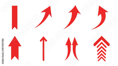 Collection of various red arrow shapes pointing upwards on a white background