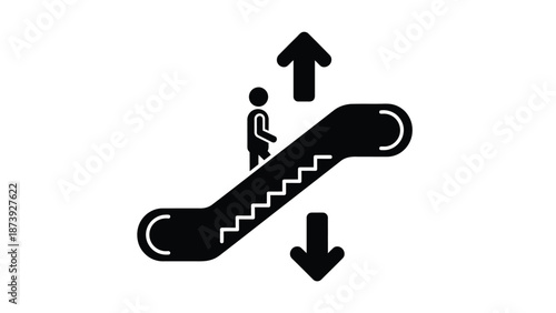 A simple black and white illustration depicts an escalator with a person ascending