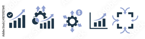 Business growth and data analysis vector icon set. Progress bar, bar chart, investment growth plant with coins, and pie chart isolated on transparent background