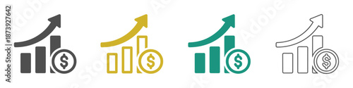 Business growth and data analysis vector icon set. Progress bar, bar chart, investment growth plant with coins, and pie chart isolated on transparent background