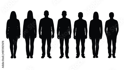 Collection of diverse human figure silhouettes standing side by side presenting various body shapes and simple casual clothing styles