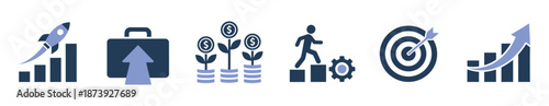 Business growth and data analysis vector icon set. Progress bar, bar chart, investment growth plant with coins, and pie chart isolated on transparent background