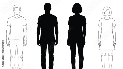 Collection of stylized full body human figures showcasing male and female silhouettes alongside line art templates for design or avatar creation purposes