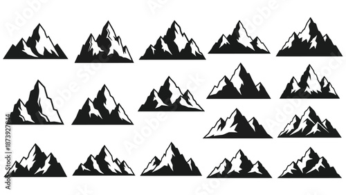 Simple black and white illustration of multiple mountain peak silhouettes