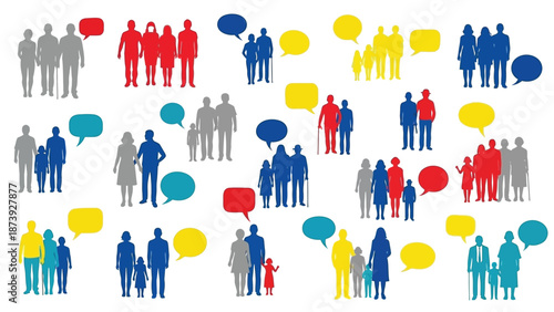 Collection of diverse human silhouettes representing various family structures and demographics engaging in communication through colorful speech bubbles in a graphic design.