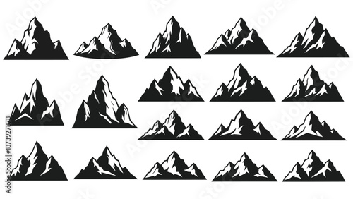 Black and white illustration of various mountain peak shapes arranged in rows