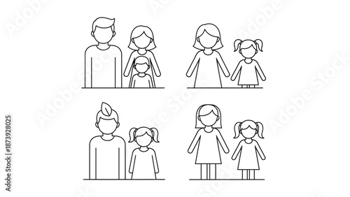 Collection of simple black outline vector icons depicting various family units and relationships showcasing diversity in modern parental structures and compositions clearly outlined.