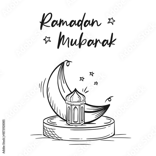 Ramadan hand drawn background. Ramadan doodle vector illustration elements with crescent moon and lantern on a podium. Islamic sketch style line art cartoon design. Eid Al Fitr hand drawn background.