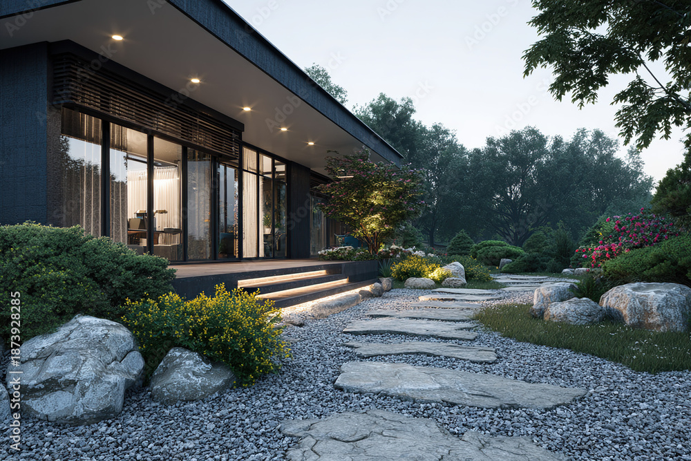 Fototapeta premium Modern House with Natural Garden and Stone Pathway