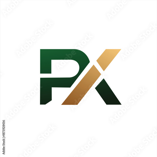 A strong, heavy-weighted PX monogram logo in forest green and tan brown colors.