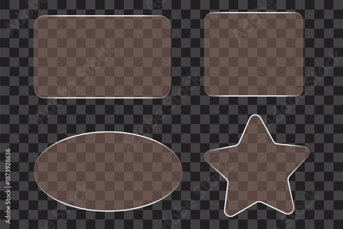 Set of modern frame elements in the style of liquid glass. User interface element for ui ux design. Glass morphism. Transparent frames and buttons. Vector 