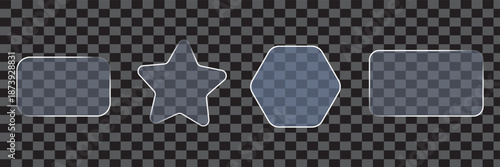 Set of glass shapes on transparent background. Glass morphism. Futuristic design for web buttons, app icons, or digital interfaces