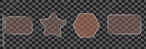 Set of glass shapes on transparent background. Glass morphism. Futuristic design for web buttons, app icons, or digital interfaces