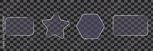 Set of glass shapes on transparent background. Glass morphism. Futuristic design for web buttons, app icons, or digital interfaces