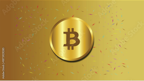Golden Bitcoin Coin Celebration with Confetti—Flat Design Vector Illustration