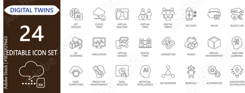 Editable line icons of digital twins,  blueprint,  manufacturing , mirroring, simulation, synchronization, and 3D modeling technology.