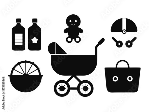 Essential Baby Gear with Stroller Bottle and Pacifier Icons