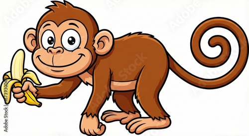 A delightful cartoon monkey holds a peeled banana, its playful expression capturing joy and simplicity.