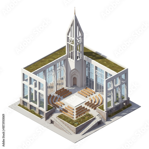 Isometric illustration of a modern cartoon church with a dragon sculpture on the roof, featuring a white and gray facade, large windows, and a green rooftop garden, set against a clean