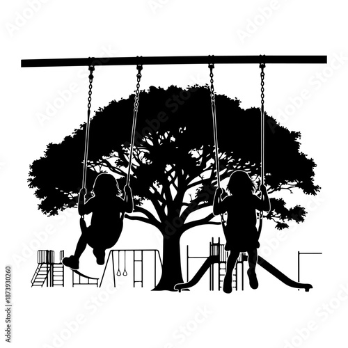 Children swinging on a playground under a large tree Vector