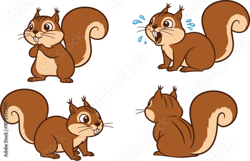 Cute cartoon squirrel character in different poses, happy and surprised animal expressions, funny woodland rodent drawing, flat vector illustration for kids, forest wildlife mascot