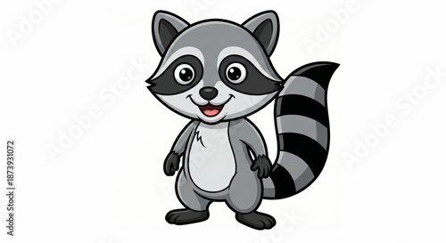 An animated raccoon stands with its front paws at the ready, captivating with its expressive eyes and cheerful demeanor. It looks poised for adventure, exuding playful charm.