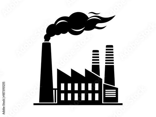 Black and white vector illustration of an industrial factory with smoke billowing from chimneys, representing manufacturing and production