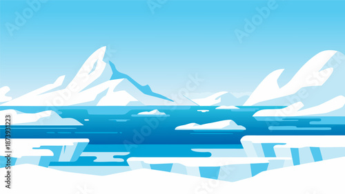Vibrant Vector Illustration of an Arctic Landscape with Icebergs and Open Water