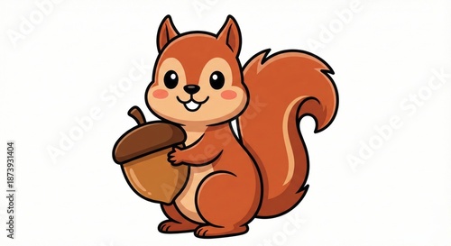 A cute cartoon squirrel, holding a single acorn, its big eyes and fluffy tail radiating playful charm and forest essence.