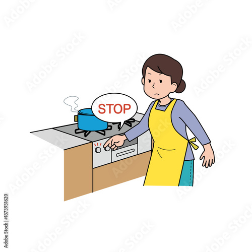 地震発生時にガスコンロの火を消す女性のイラスト