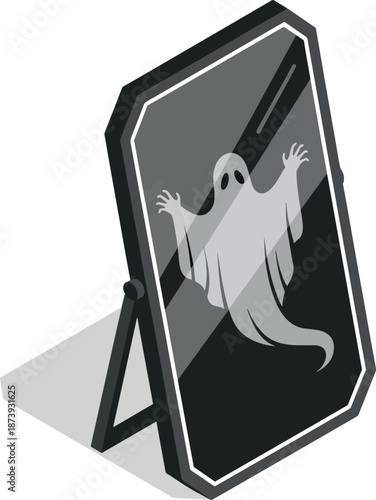 Ghost Reflection in Standing Mirror Spooky Halloween Vector