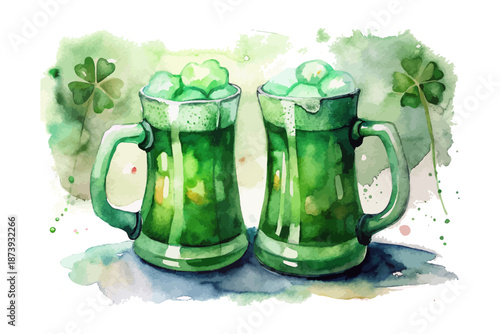 Irish Green Beer Mug Watercolor Illustration, St. Patrick’s Day Party Element Isolated on White