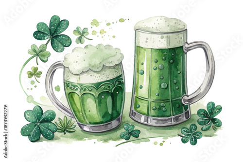 Watercolor Green Beer Mug with Foam, St. Patrick’s Day Irish Celebration Clipart Isolated on White Background