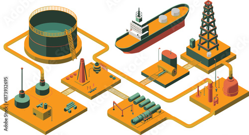 Isometric oil and gas industry workflow illustration, drilling rig, refinery, pipelines, storage tanks, tanker ship, energy production system